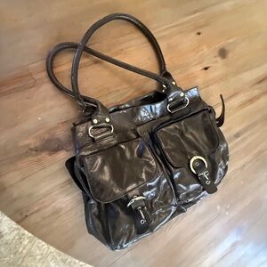 Kate Landry Dark Brown Shoulder Tote with Front Buckle Pockets